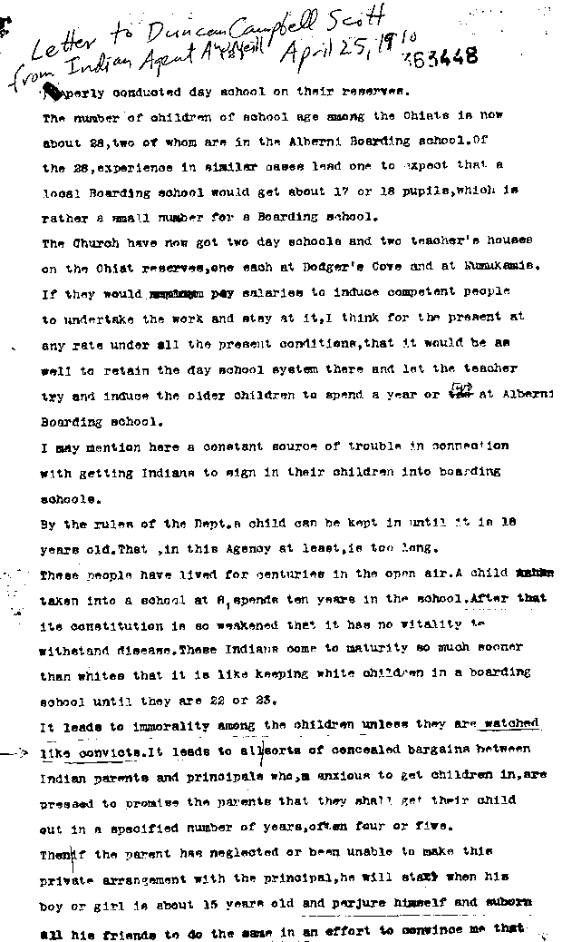 Letter to Duncan Campbell Scott from Indian Agent A.W. Neill