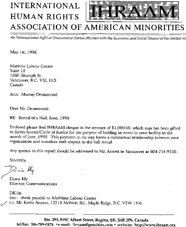 Letter of payment from IHRAAM to Maritime Labour Centre, Vancouver